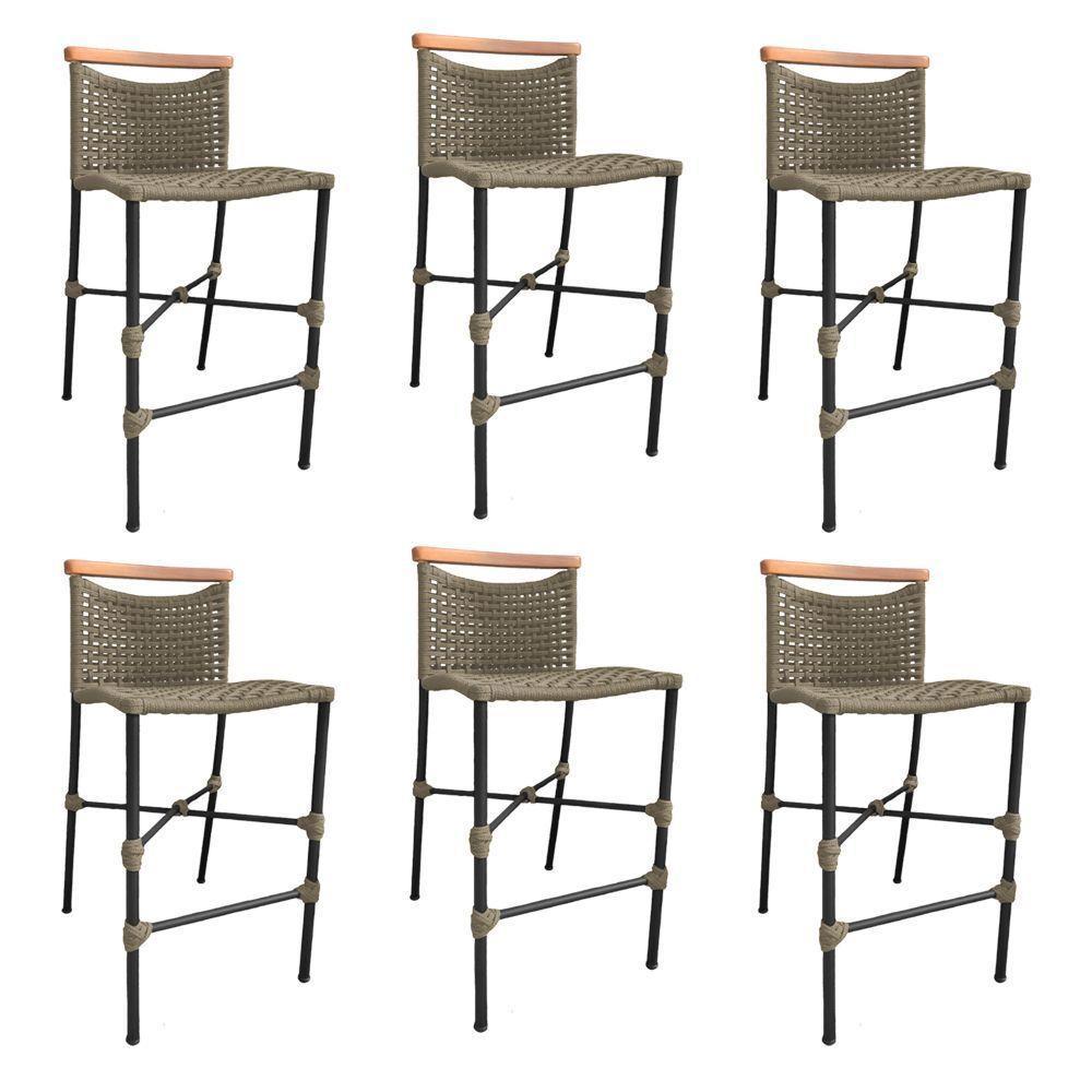 Kit 6 Banquetas Anne Em Corda Náutica Base Em Alumínio Preta Com Detalhe Em Madeira Rami - Cor: Bege - 1