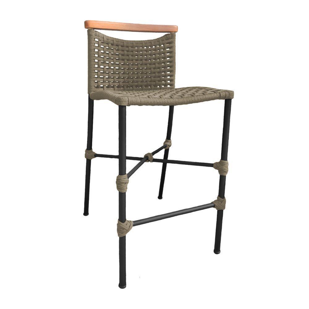 Kit 6 Banquetas Anne Em Corda Náutica Base Em Alumínio Preta Com Detalhe Em Madeira Rami - Cor: Bege - 2