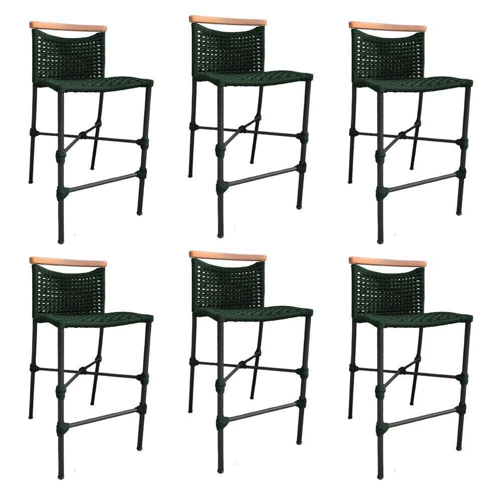 Kit 6 Banquetas Em Corda Náutica Base Em Alumínio Preta Com Detalhe Em Madeira Verde Musgo Verde - 1