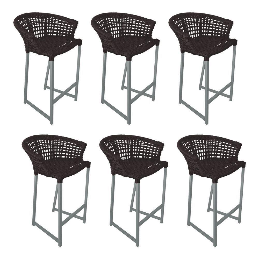 Kit 6 Banquetas Reis Em Corda Náutica E Base Em Alumínio Cinza Para área Gourmet Externa Marrom - 1