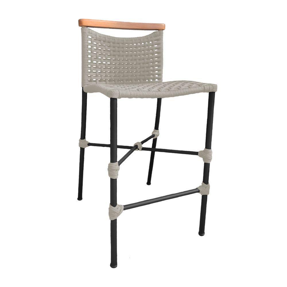 Kit 6 Banquetas Em Corda Náutica Base Em Alumínio Preta Com Detalhe Em Madeira Areia Bege - 3