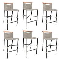 Kit 6 Banquetas Em Corda Náutica Base Em Alumínio Preta Com Detalhe Em Madeira Areia Bege - 1