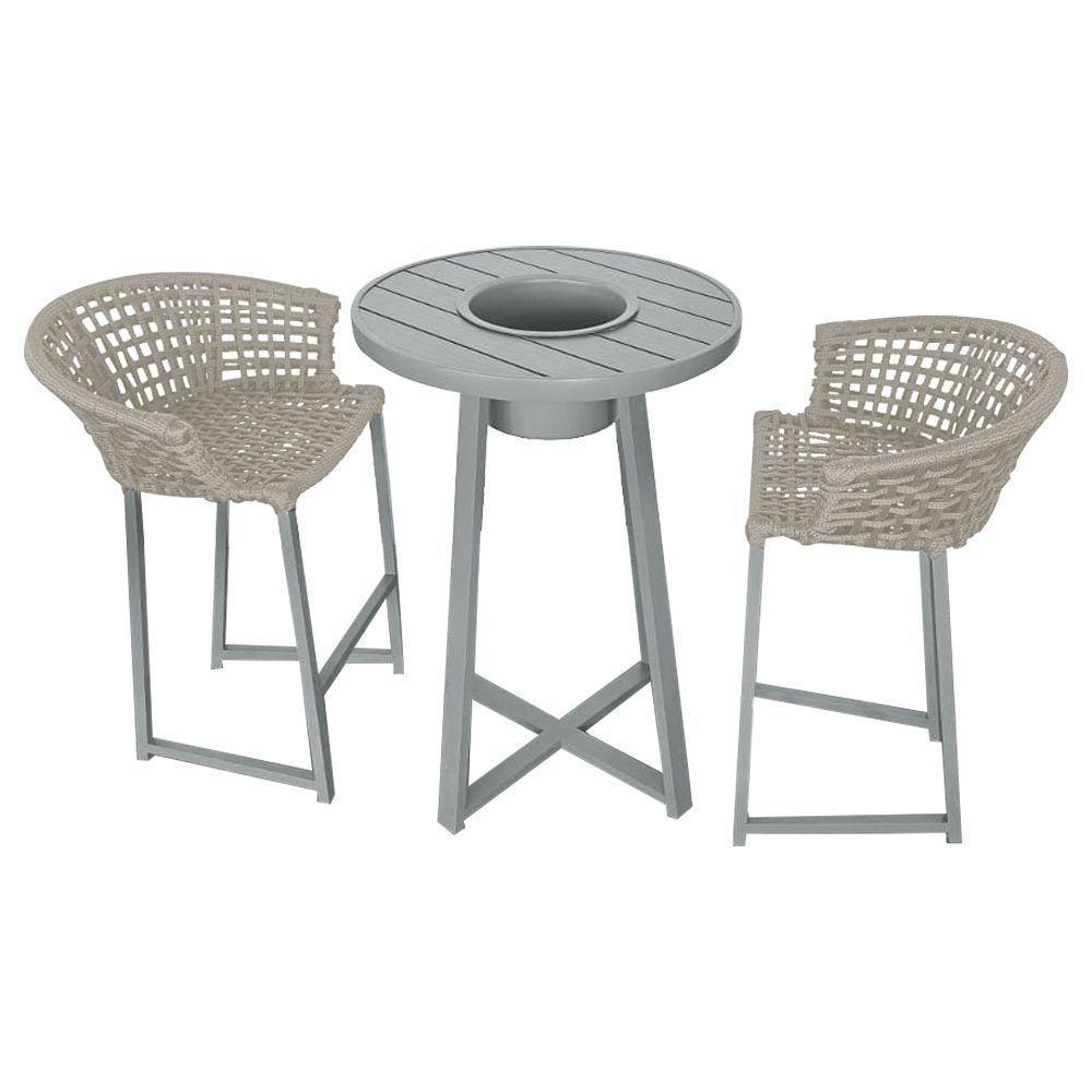 Conjunto Bistrô Champanheira Cinza Tampo Ripado E 2 Banquetas Reis Corda Náutica Areia - Cor: Bege - 1