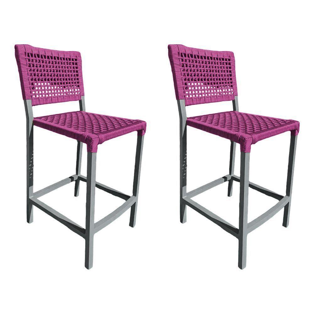 Kit 2 Banquetas França Em Corda Náutica E Base Em Alumínio Cinza Para área Gourmet Rosa - Cor: Rosa - 1
