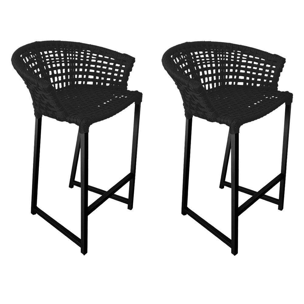 Kit 2 Banquetas Reis Em Corda Náutica E Base Em Alumínio Preta Para área Gourmet Externa Preta Preto - 1