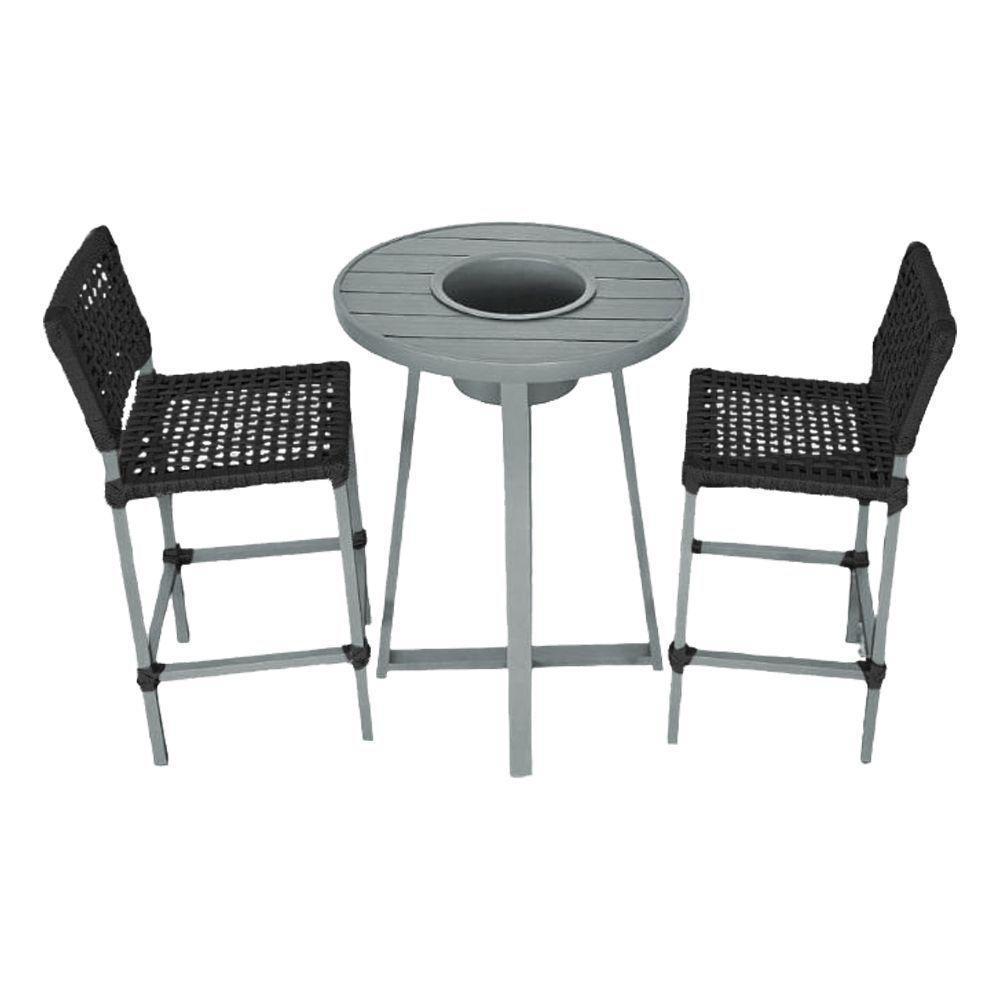 Conjunto Bistrô Champanheira Cinza Tampo Ripado E 2 Banquetas França Corda Náutica Preta Preto - 1