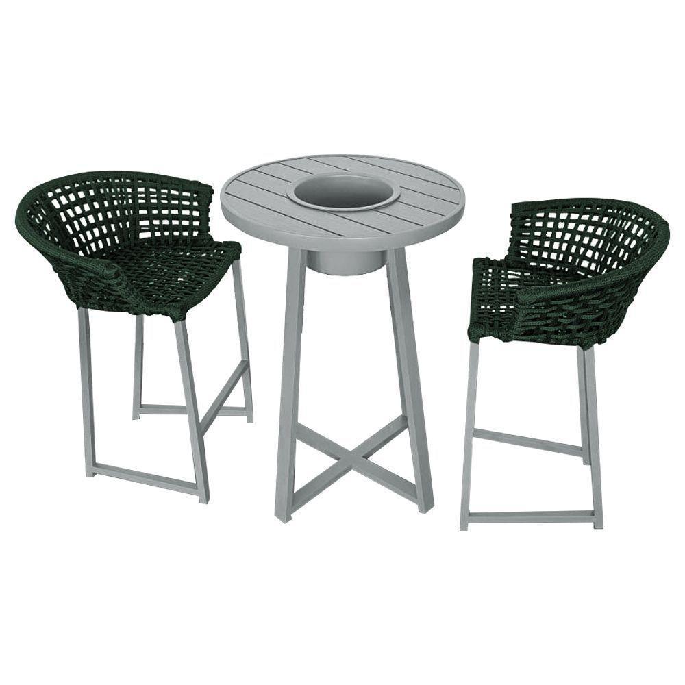 Conjunto Bistrô Champanheira Cinza Tampo Ripado E 2 Banquetas Reis Corda Náutica Verde Musgo Verde - 1