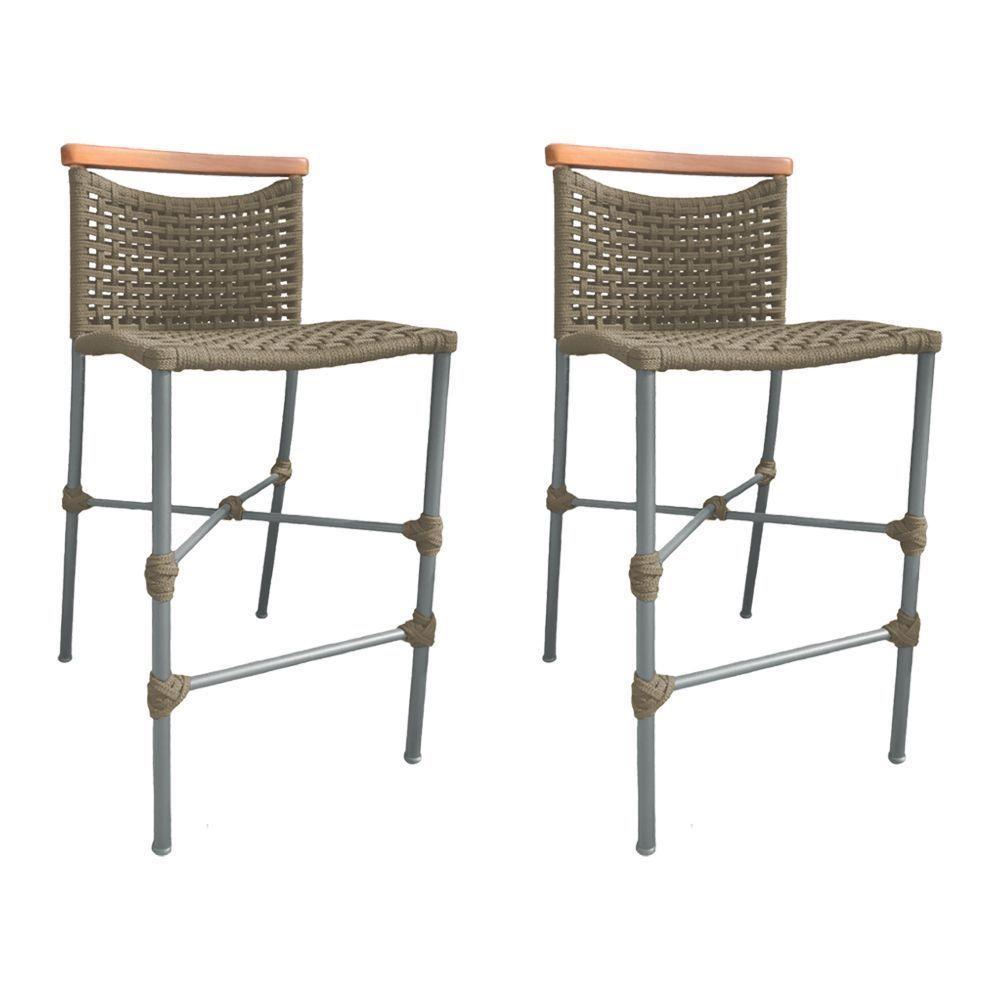 Kit 2 Banquetas Anne Em Corda Náutica Base Em Alumínio Cinza Com Detalhe Em Madeira Rami - Cor: Bege - 1