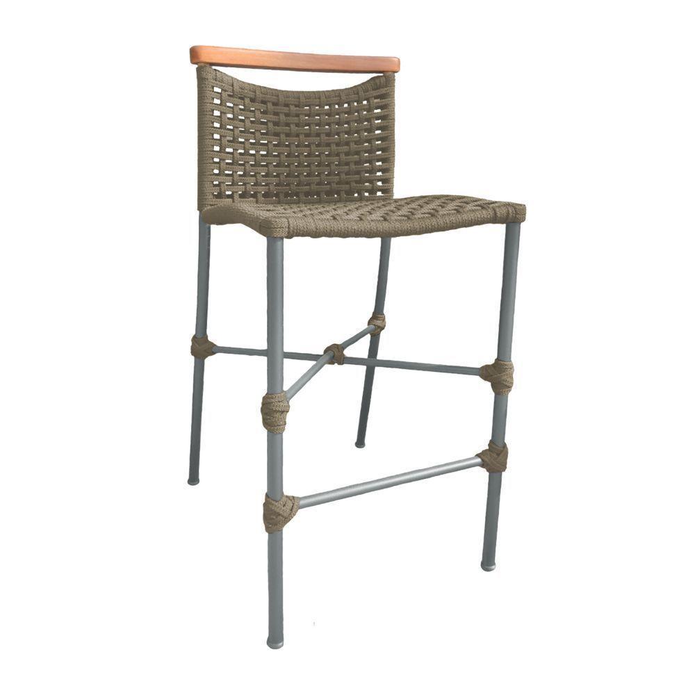 Kit 2 Banquetas Anne Em Corda Náutica Base Em Alumínio Cinza Com Detalhe Em Madeira Rami - Cor: Bege - 2