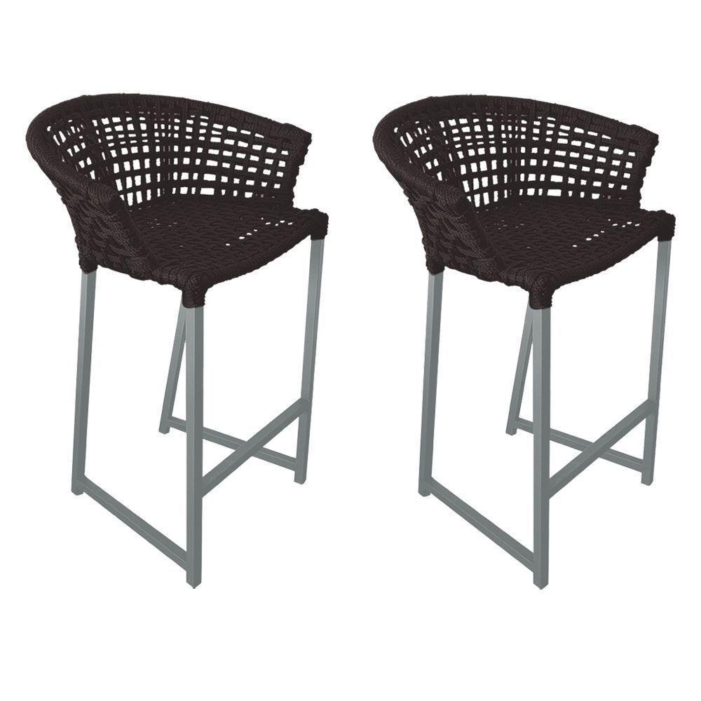 Kit 2 Banquetas Reis Em Corda Náutica E Base Em Alumínio Cinza Para área Gourmet Externa Marrom - 1