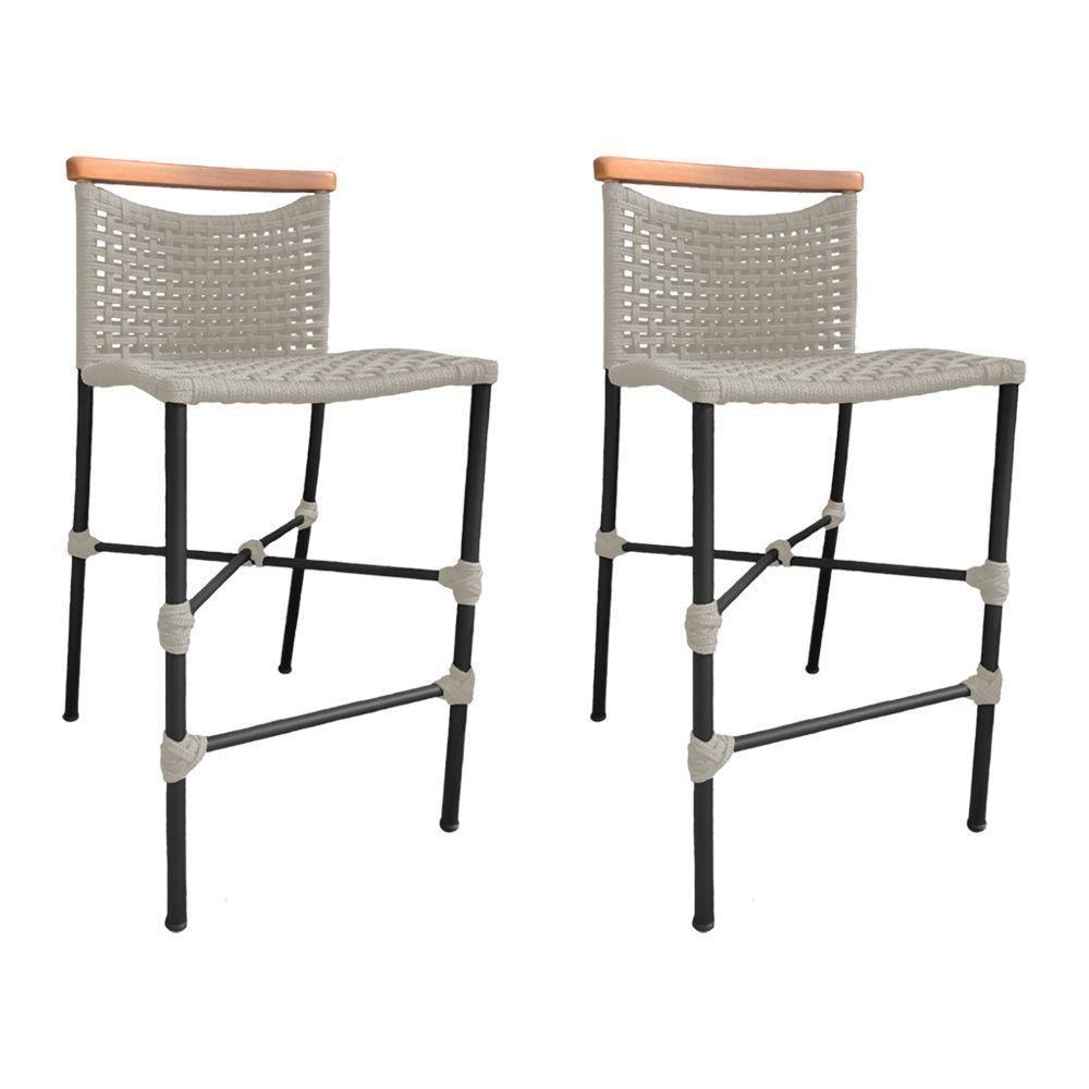 Kit 2 Banquetas Em Corda Náutica Base Em Alumínio Preta Com Detalhe Em Madeira Areia Bege - 1