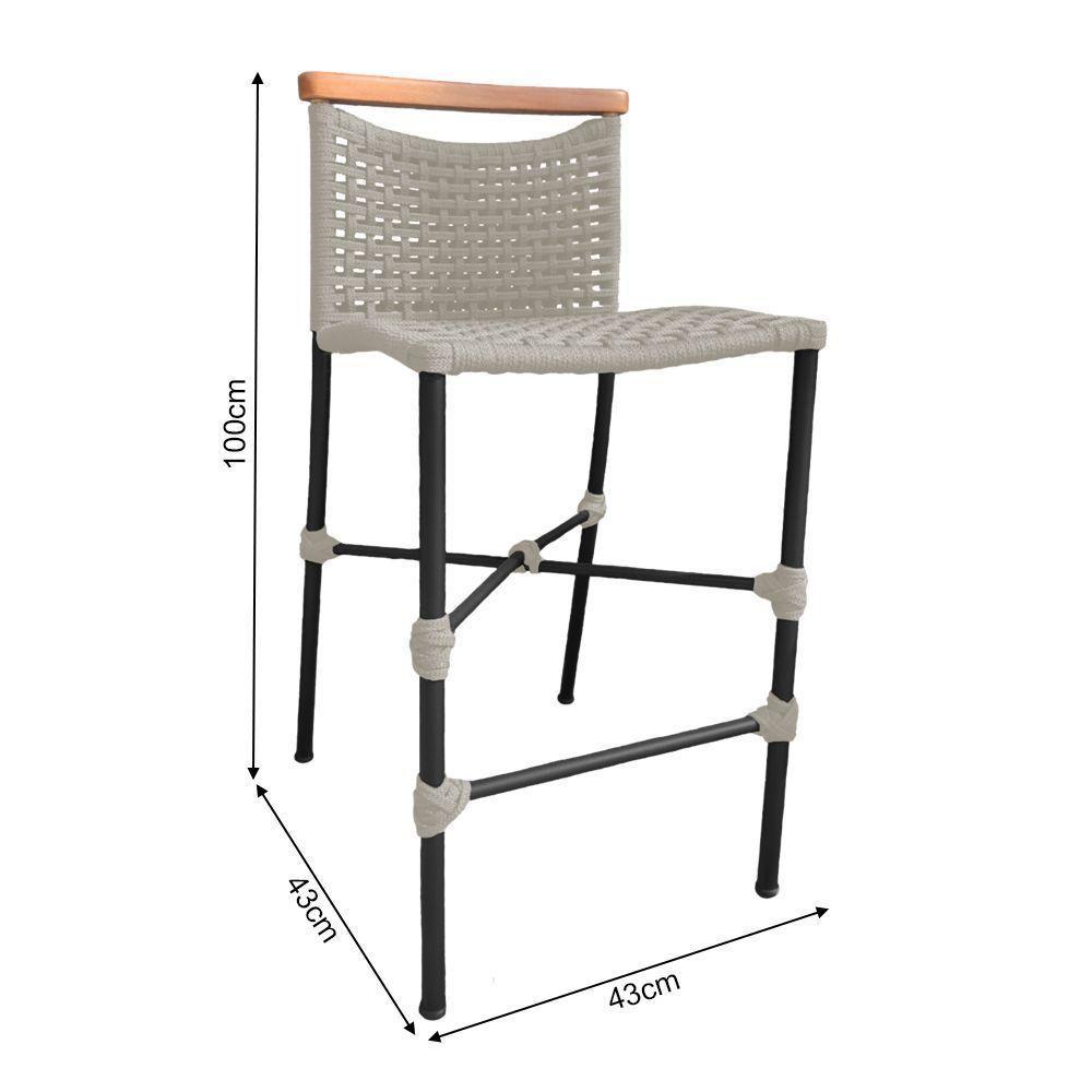 Kit 2 Banquetas Em Corda Náutica Base Em Alumínio Preta Com Detalhe Em Madeira Areia Bege - 2