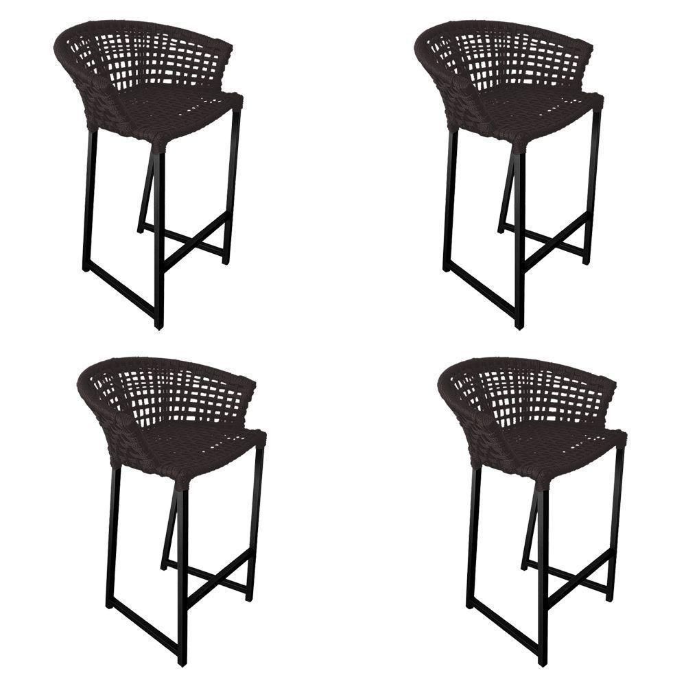 Kit 4 Banquetas Reis Em Corda Náutica E Base Em Alumínio Preta Para área Gourmet Externa Marrom - 1