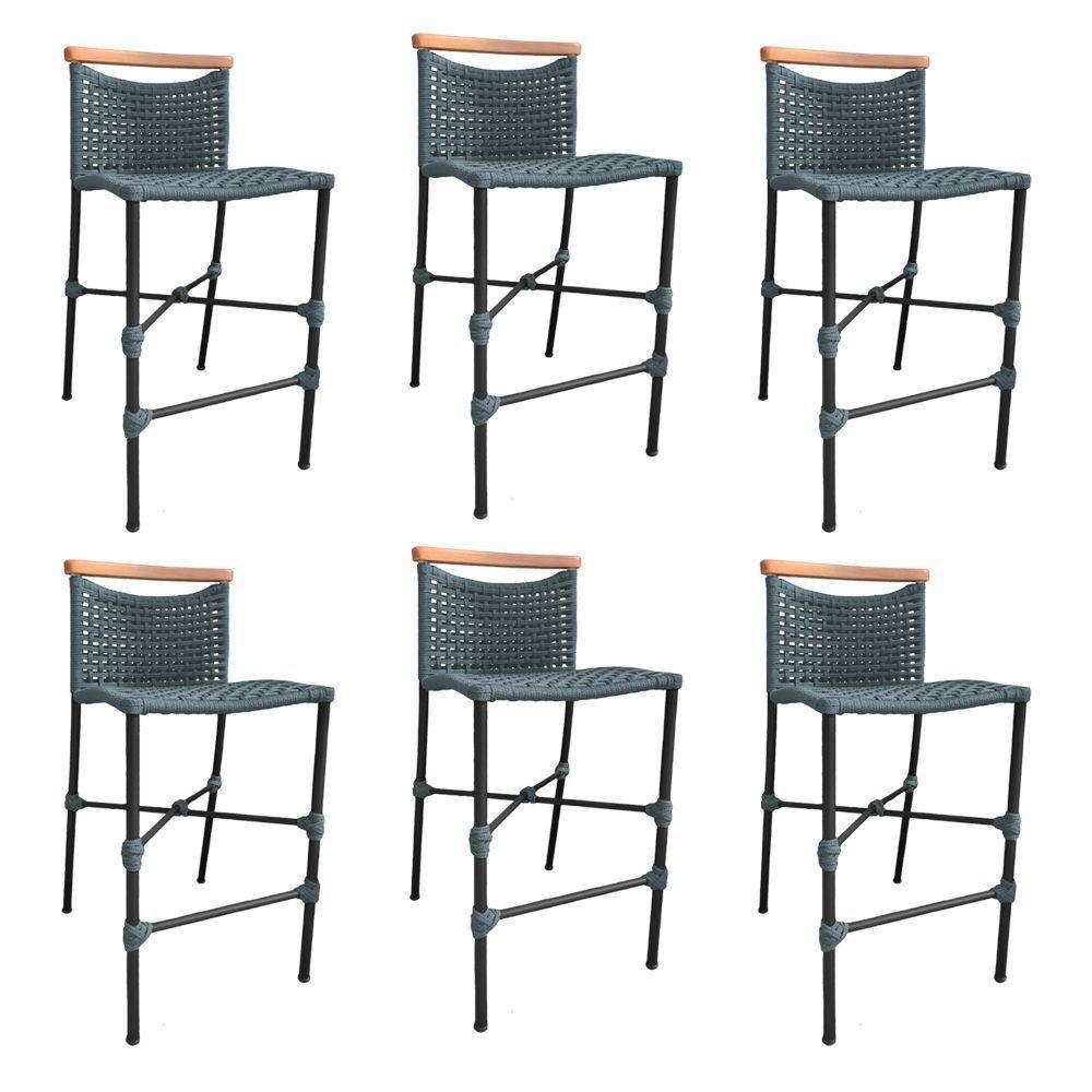 Kit 6 Banquetas Em Corda Náutica Base Em Alumínio Preta Com Detalhe Em Madeira Cinza Cinza - 1