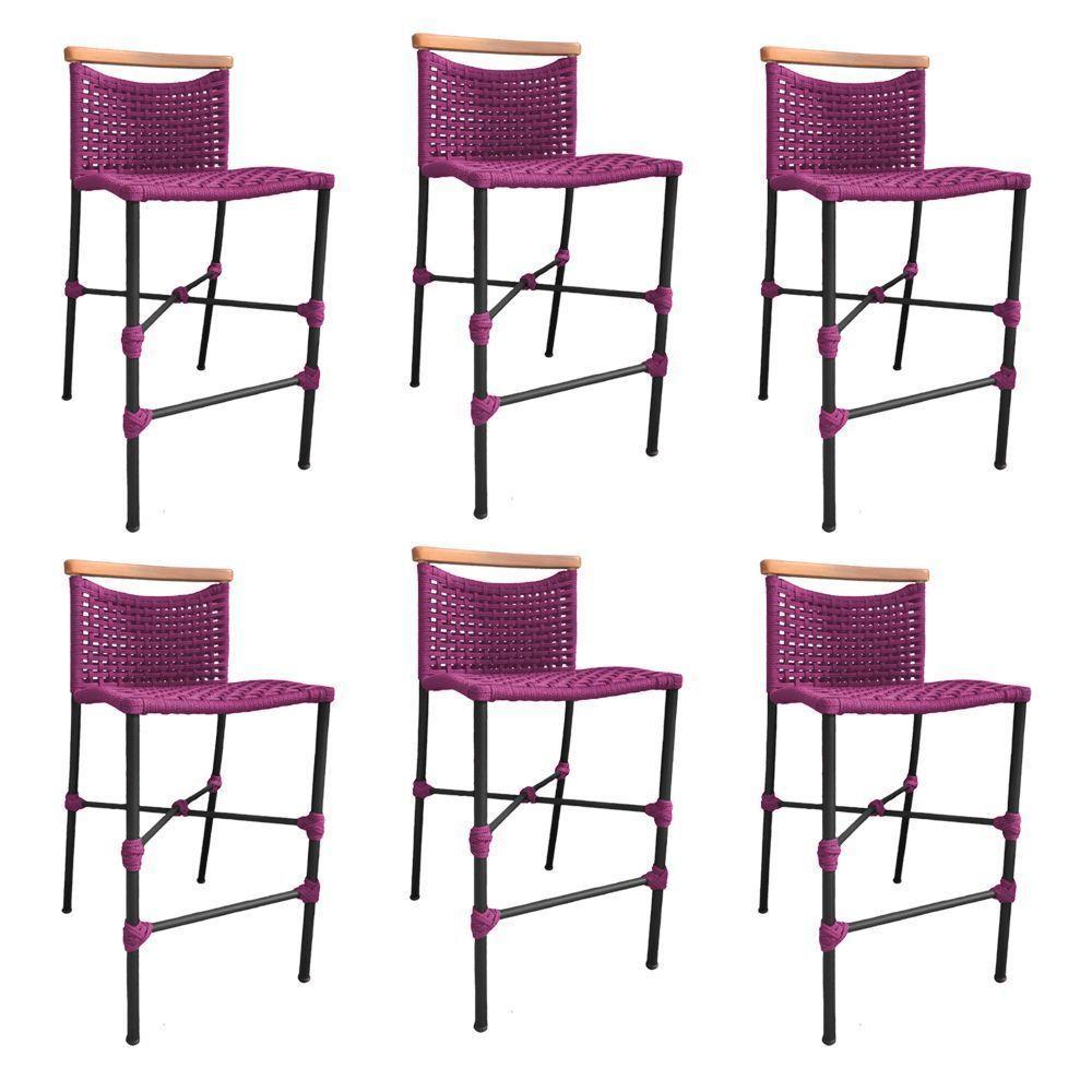 Kit 6 Banquetas Anne Em Corda Náutica Base Em Alumínio Preta Com Detalhe Em Madeira Rosa - Cor: Rosa - 1
