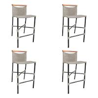 Kit 4 Banquetas Em Corda Náutica Base Em Alumínio Preta Com Detalhe Em Madeira Areia Bege - 1