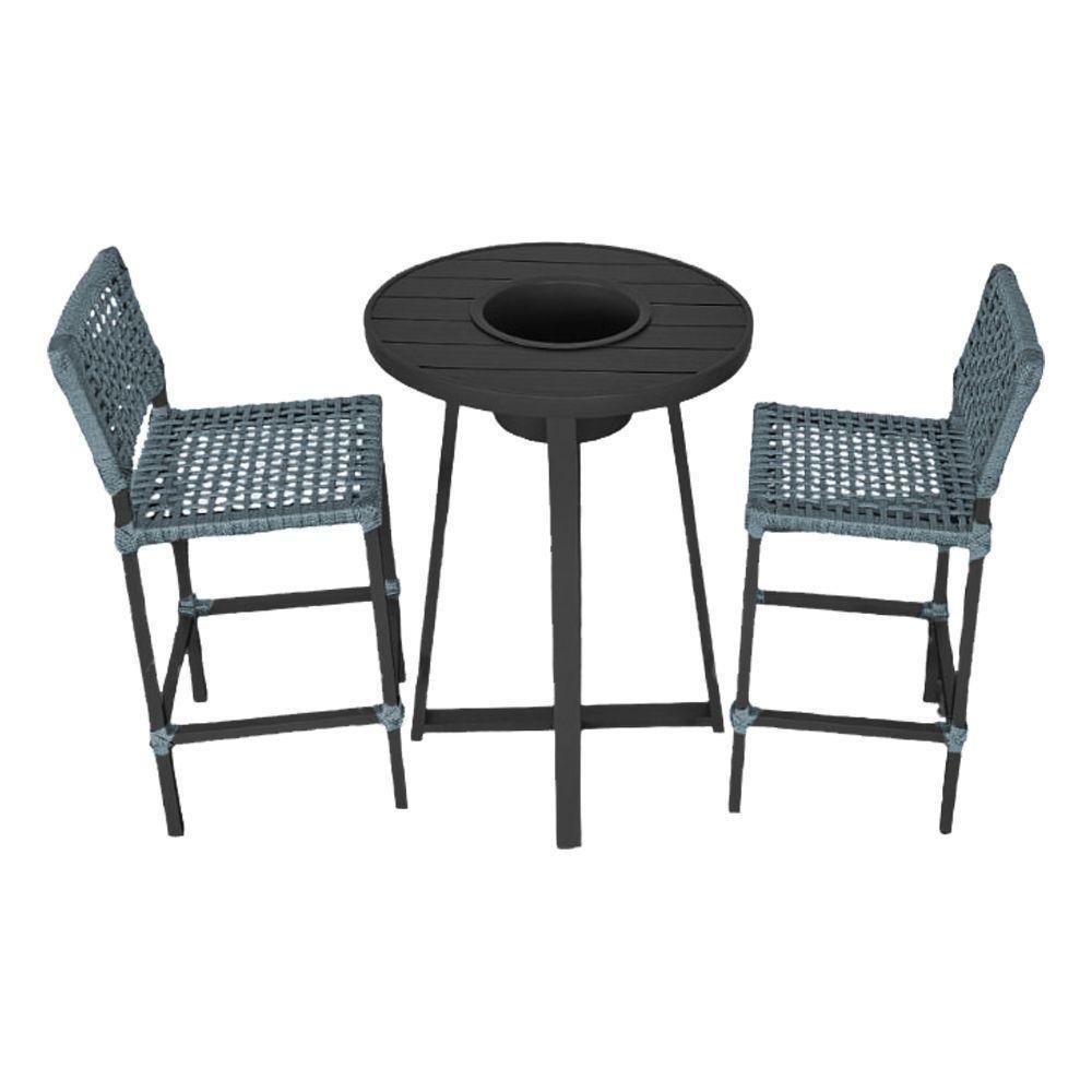 Conjunto Bistrô Champanheira Tampo Ripado E 2 Banquetas França Corda Náutica Cinza - Cor: Cinza - 1