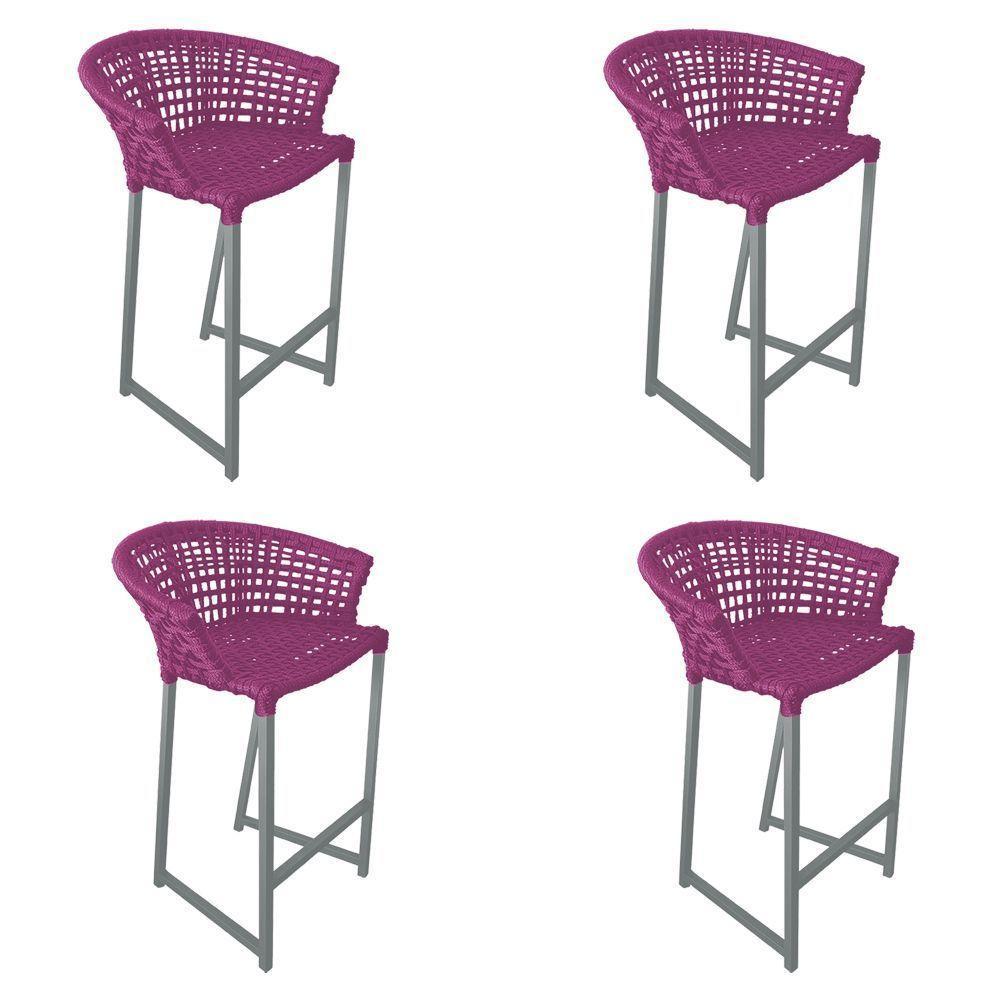 Kit 4 Banquetas Reis Em Corda Náutica E Base Em Alumínio Cinza Para área Gourmet Externa Rosa Rosa - 1
