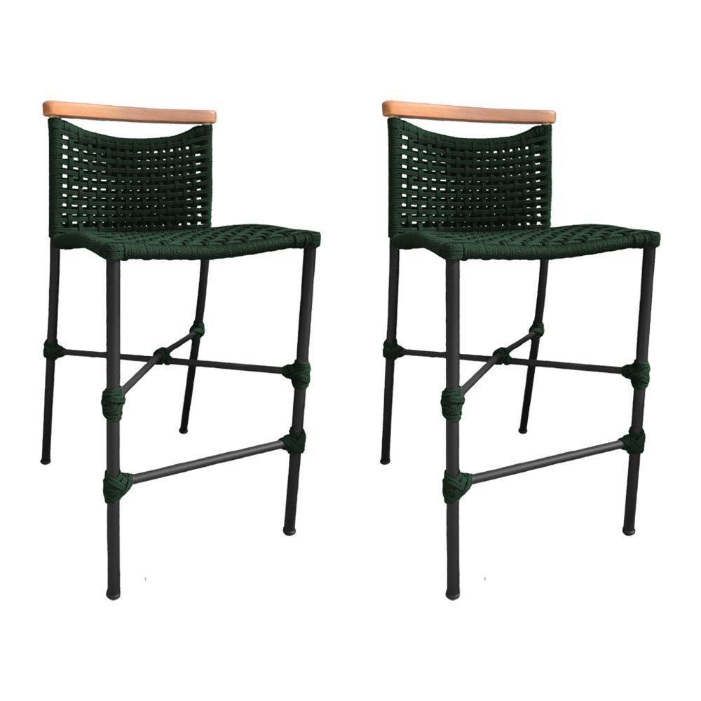 Kit 2 Banquetas Em Corda Náutica Base Em Alumínio Preta Com Detalhe Em Madeira Verde Musgo Verde - 1