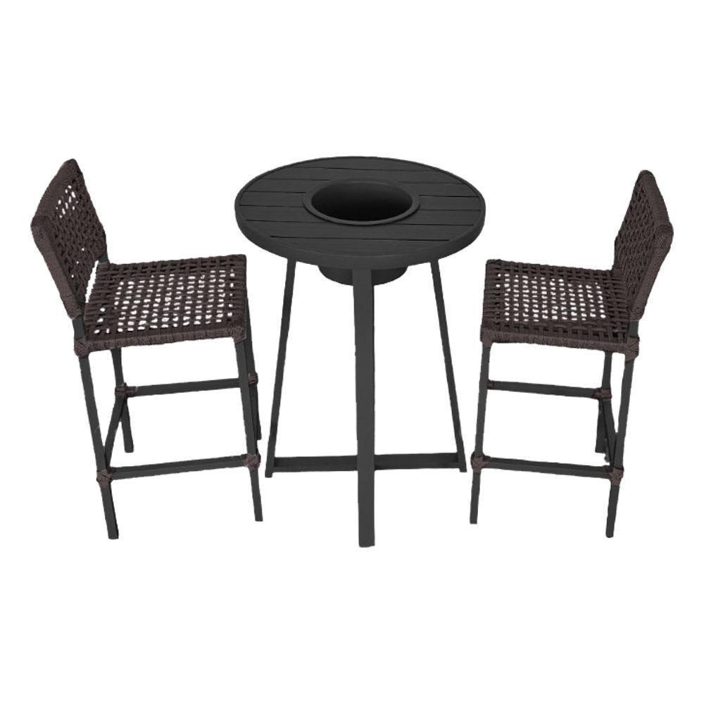 Conjunto Bistrô Champanheira Tampo Ripado E 2 Banquetas França Corda Náutica Marrom - Cor: Marrom - 1