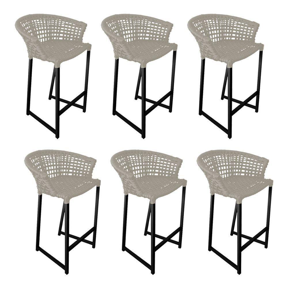 Kit 6 Banquetas Reis Em Corda Náutica E Base Em Alumínio Preta Para área Gourmet Externa Areia Bege - 1