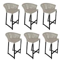 Kit 6 Banquetas Reis Em Corda Náutica E Base Em Alumínio Preta Para área Gourmet Externa Areia Bege - 1