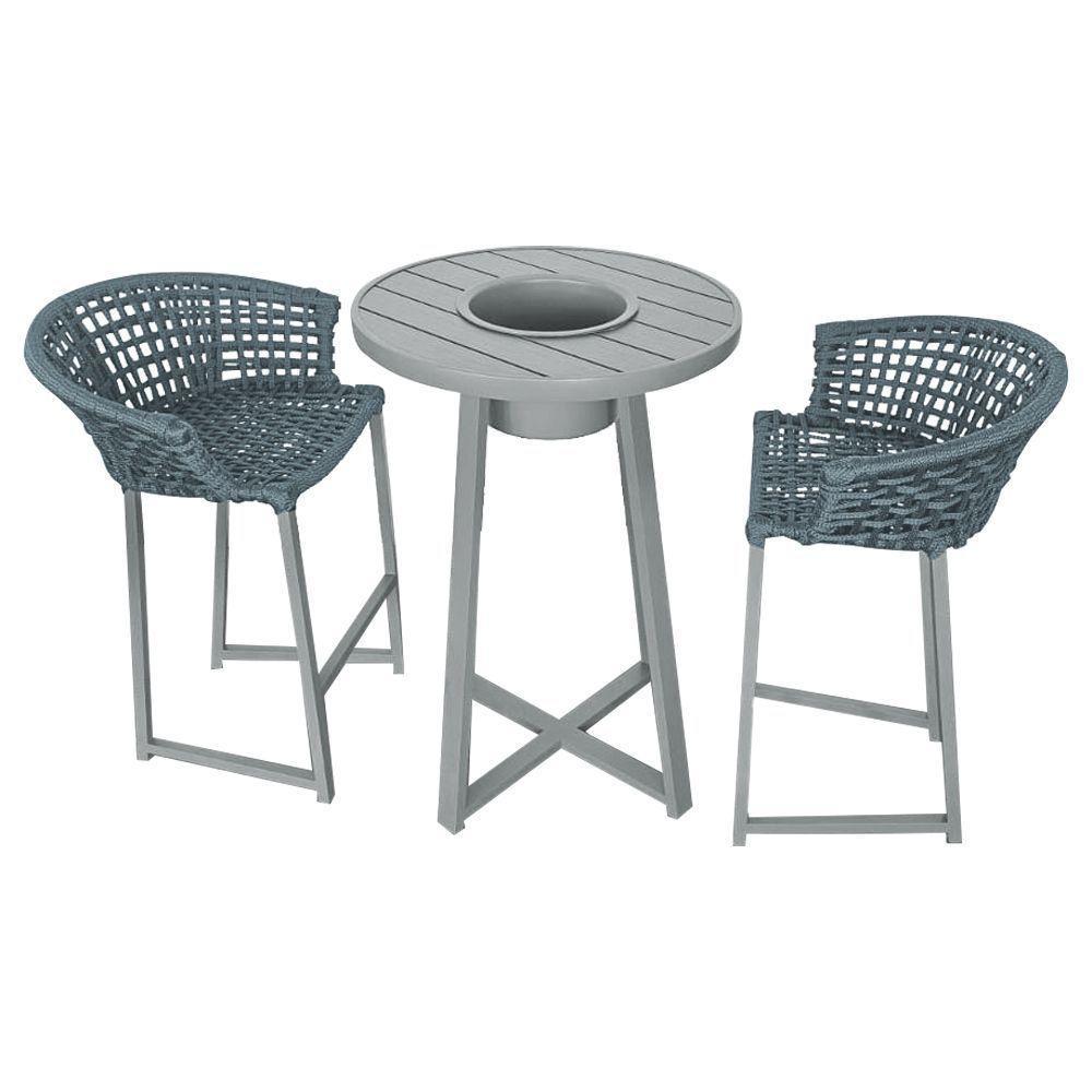 Conjunto Bistrô Champanheira Cinza Tampo Ripado E 2 Banquetas Reis Corda Náutica Cinza - Cor: Cinza - 1