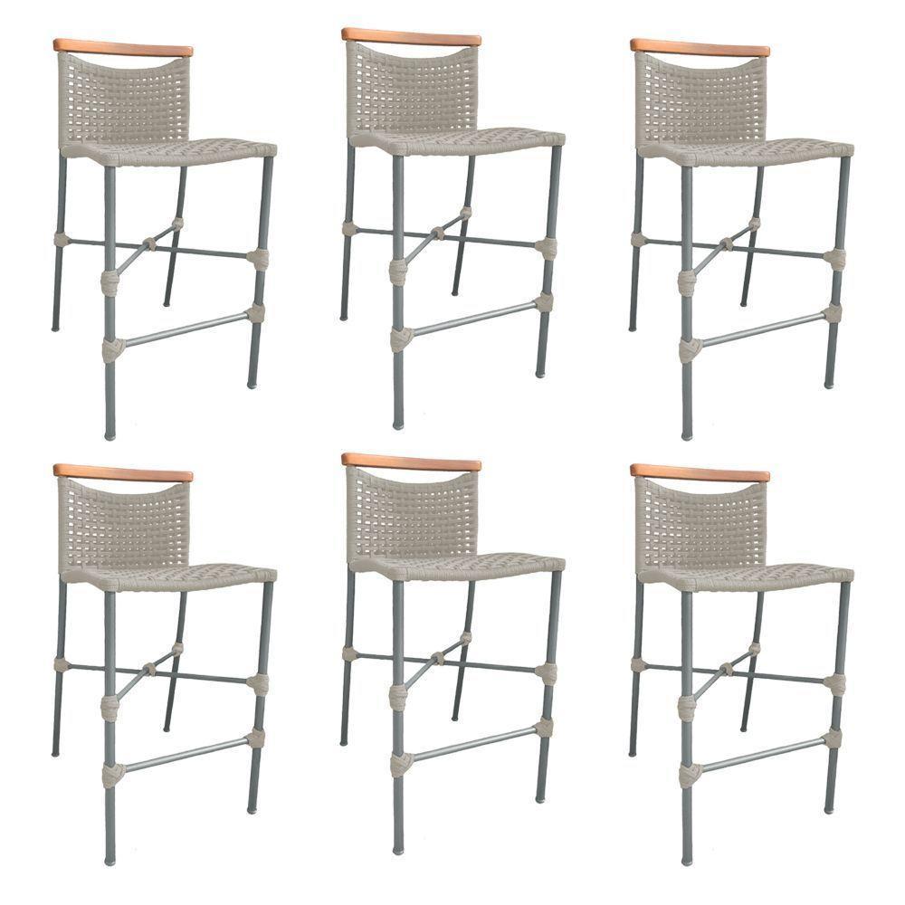 Kit 6 Banquetas Em Corda Náutica Base Em Alumínio Cinza Com Detalhe Em Madeira Areia Bege - 1