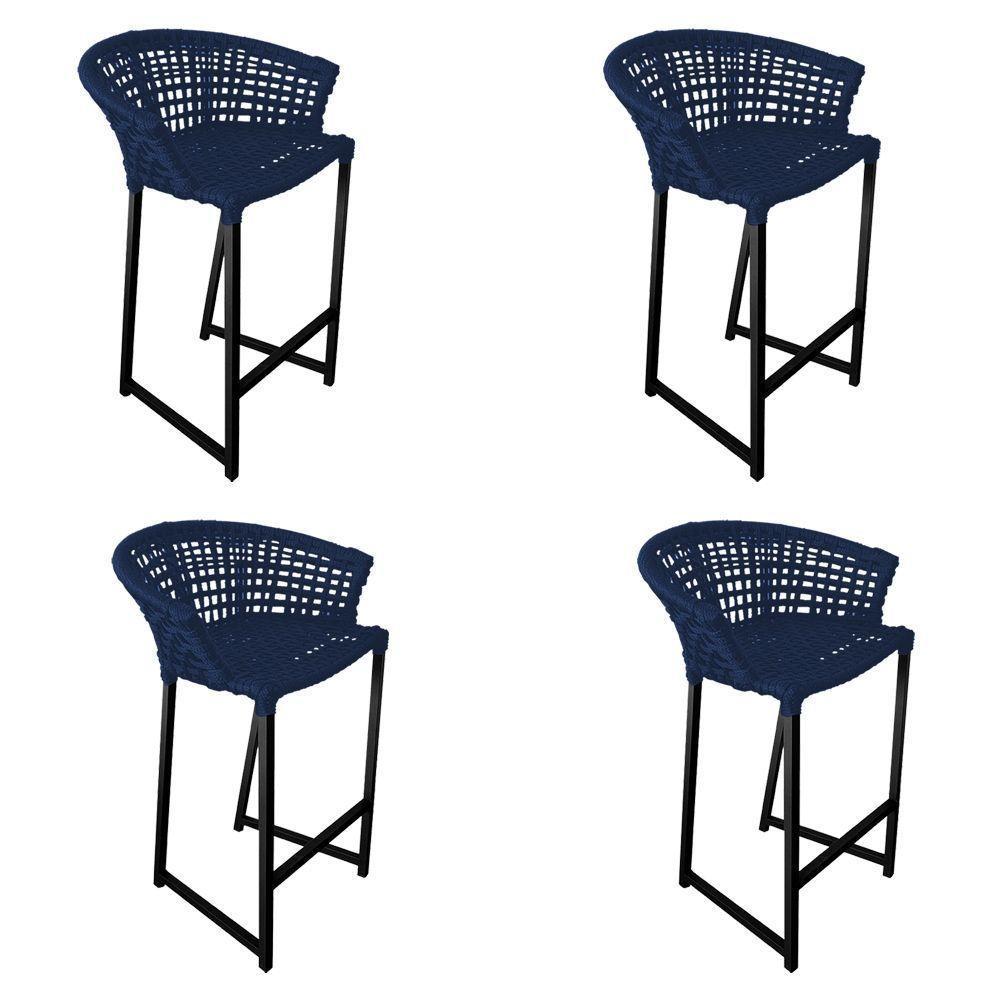 Kit 4 Banquetas Reis Em Corda Náutica E Base Em Alumínio Preta Para área Gourmet Azul Marinho Azul - 1