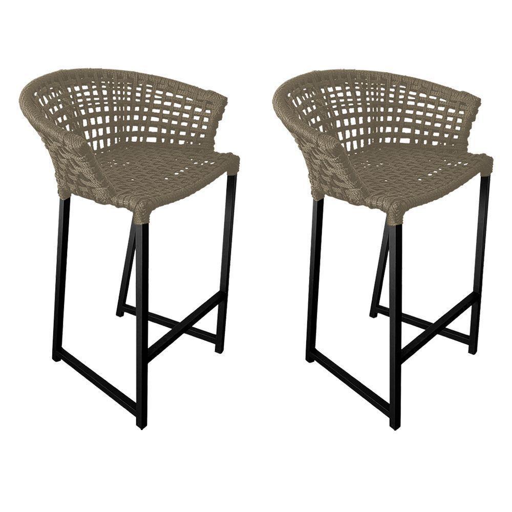 Kit 2 Banquetas Reis Em Corda Náutica E Base Em Alumínio Preta Para área Gourmet Externa Rami Bege - 1