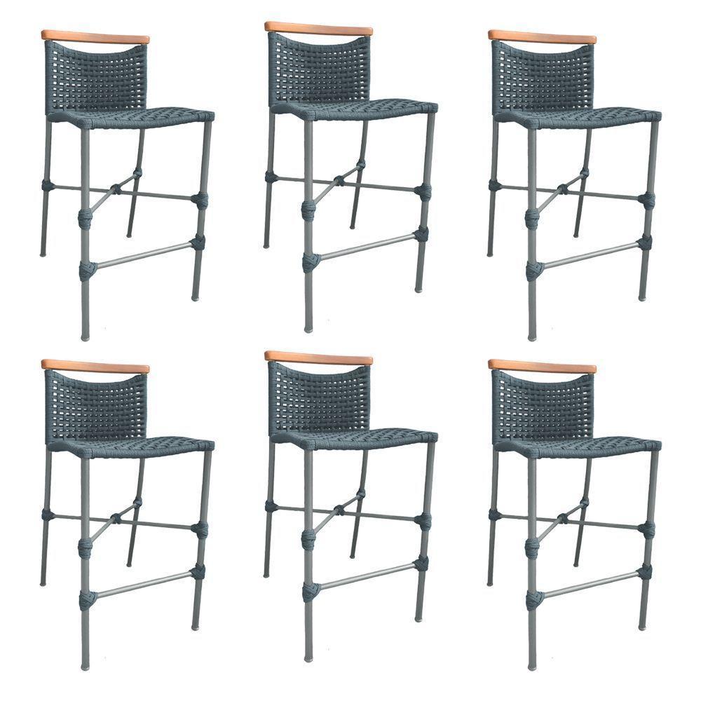 Kit 6 Banquetas Em Corda Náutica Base Em Alumínio Cinza Com Detalhe Em Madeira Cinza Cinza - 1