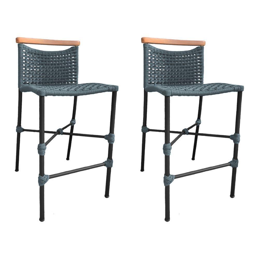 Kit 2 Banquetas Em Corda Náutica Base Em Alumínio Preta Com Detalhe Em Madeira Cinza Cinza - 1
