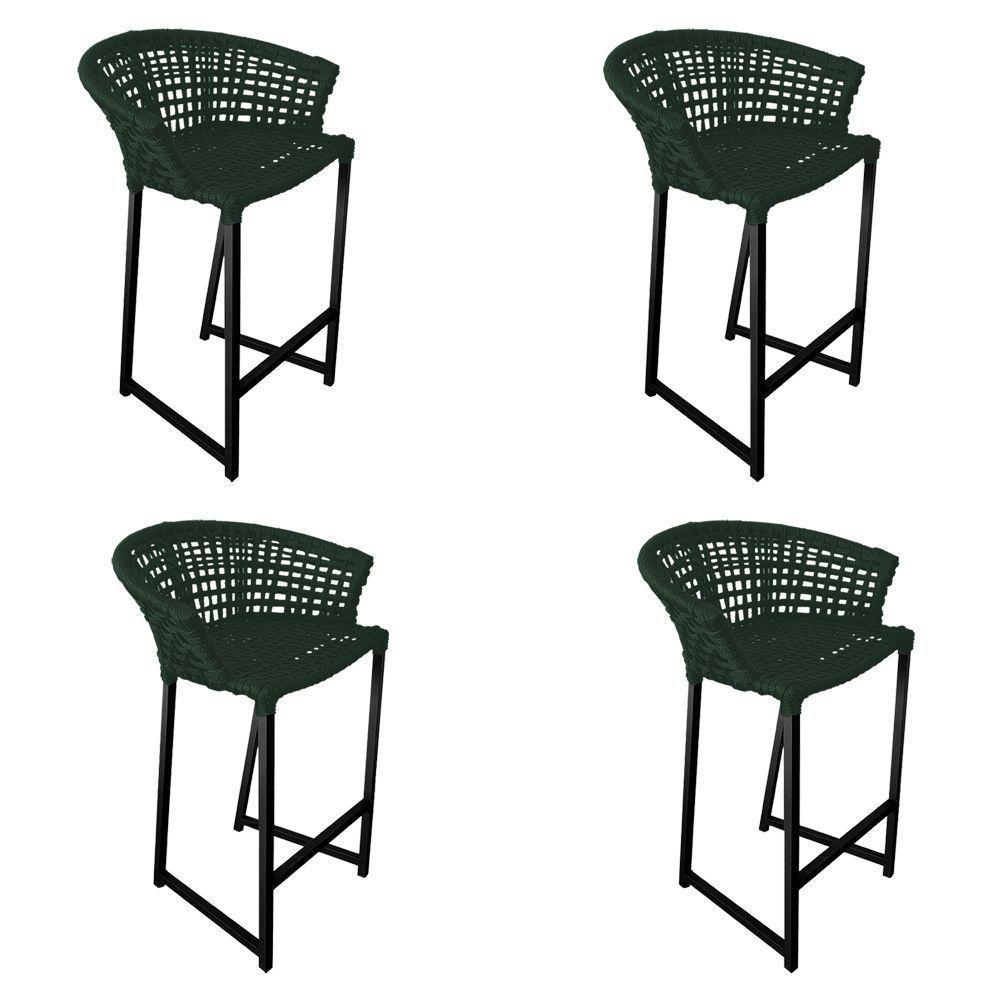 Kit 4 Banquetas Reis Em Corda Náutica E Base Em Alumínio Preta Para área Gourmet Verde Musgo Verde - 1