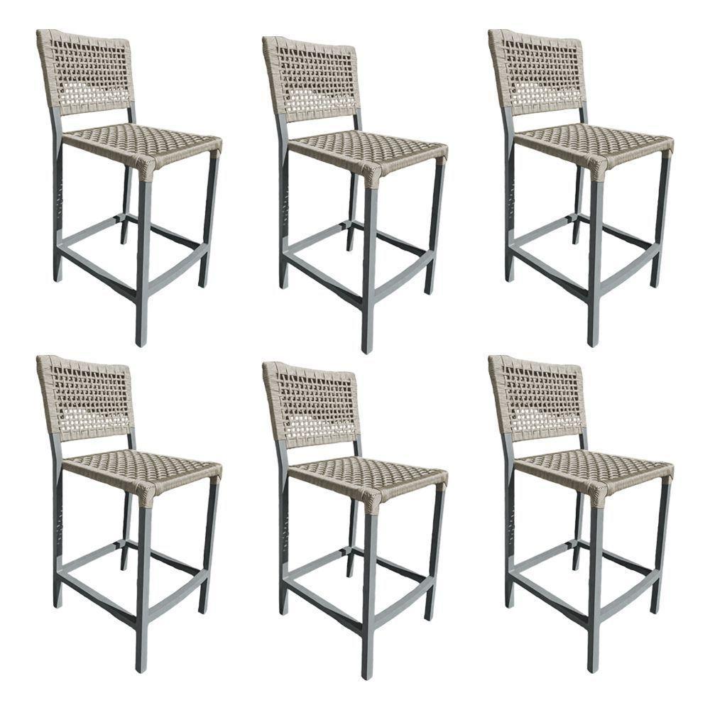 Kit 6 Banquetas França Em Corda Náutica E Base Em Alumínio Cinza Para área Gourmet Areia - Cor: Bege - 1