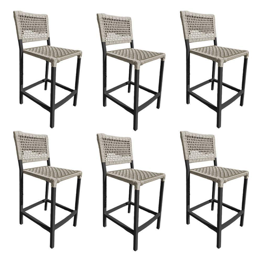 Kit 6 Banquetas França Em Corda Náutica E Base Em Alumínio Preta Para área Gourmet Areia - Cor: Bege - 1