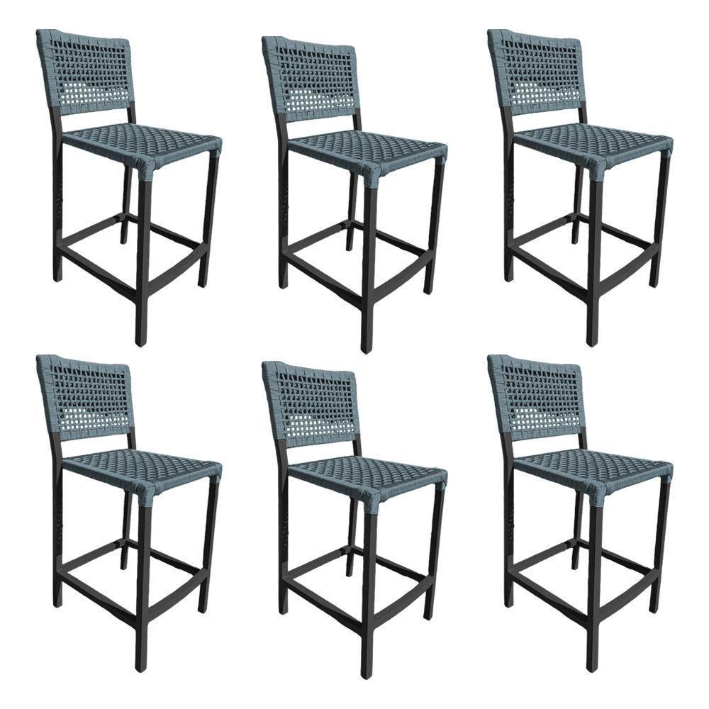 Kit 6 Banquetas França Em Corda Náutica E Base Em Alumínio Preta Para área Gourmet Cinza Cinza - 1