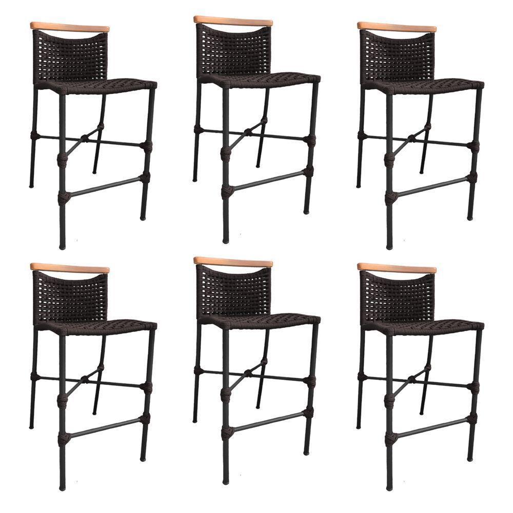 Kit 6 Banquetas Em Corda Náutica Base Em Alumínio Preta Com Detalhe Em Madeira Marrom Marrom - 1