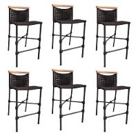 Kit 6 Banquetas Em Corda Náutica Base Em Alumínio Preta Com Detalhe Em Madeira Marrom Marrom - 1