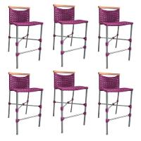 Kit 6 Banquetas Anne Em Corda Náutica Base Em Alumínio Cinza Com Detalhe Em Madeira Rosa - Cor: Rosa - 1