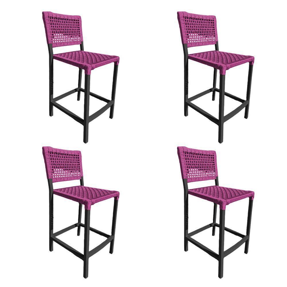 Kit 4 Banquetas França Em Corda Náutica E Base Em Alumínio Preta Para área Gourmet Rosa - Cor: Rosa - 1