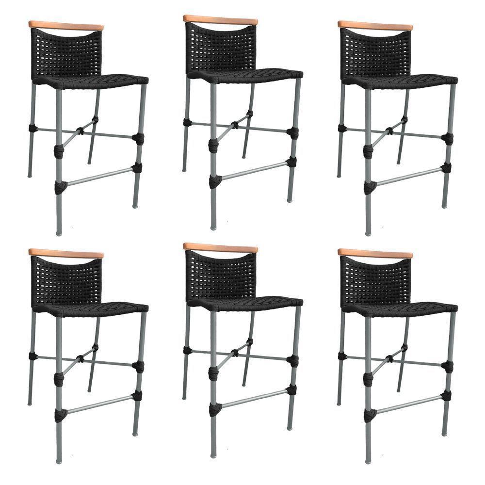 Kit 6 Banquetas Em Corda Náutica Base Em Alumínio Cinza Com Detalhe Em Madeira Preta Preto - 1