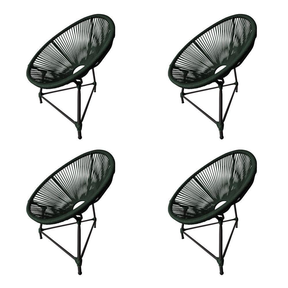 Kit 4 Cadeiras Acapulco Corda Náutica Base Em Alumínio Preto-verde Musgo - Cor: Verde - 1