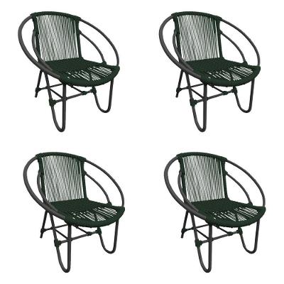 Kit 4 Cadeiras Decorativa Julia Em Corda Náutica E Base Em Alumínio Preta- Verde Musgo - Cor: Verde
