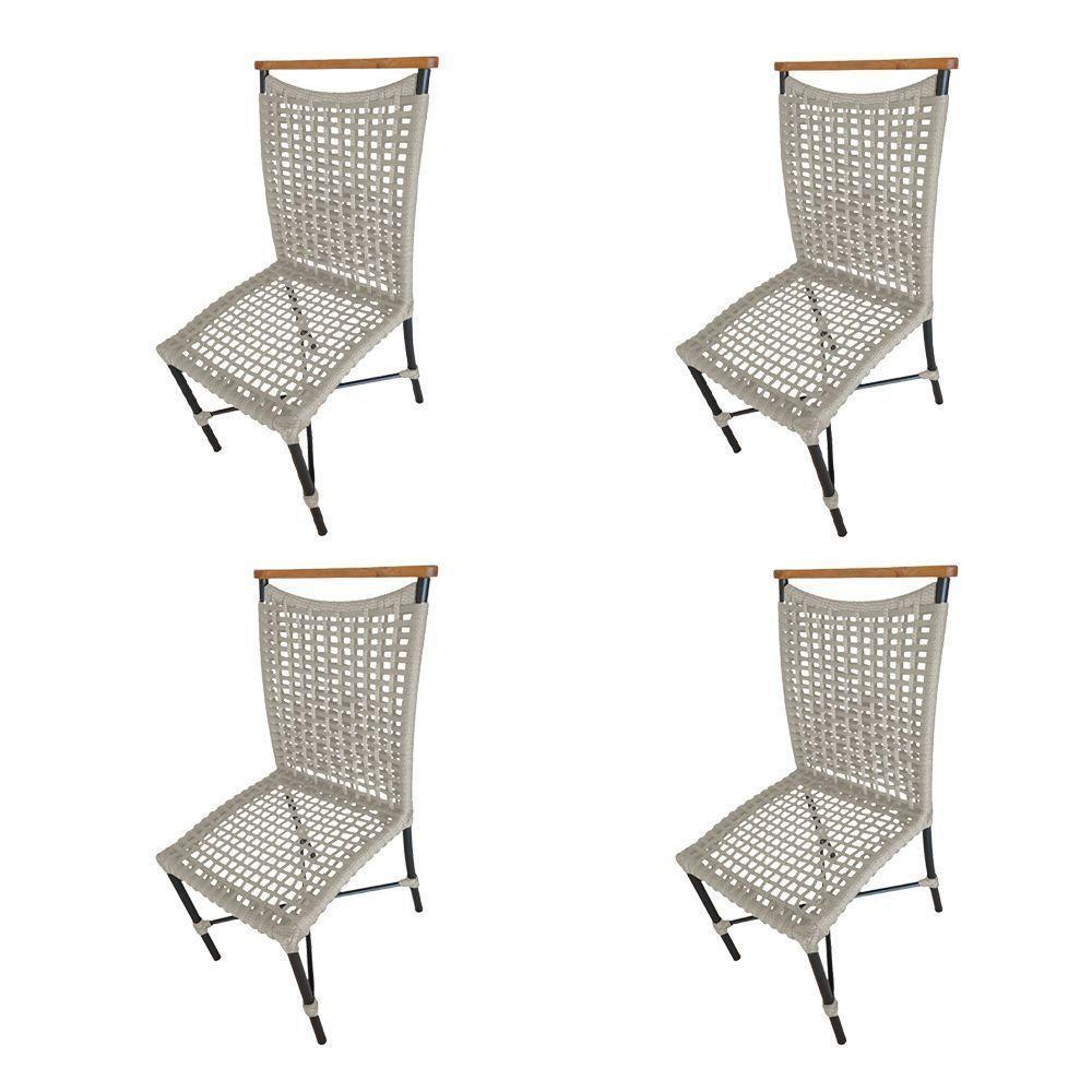 Kit 4 Cadeiras Anne Corda Náutica Detalhe Em Madeira Base Alumínio Preto-areia - Cor: Bege - 1