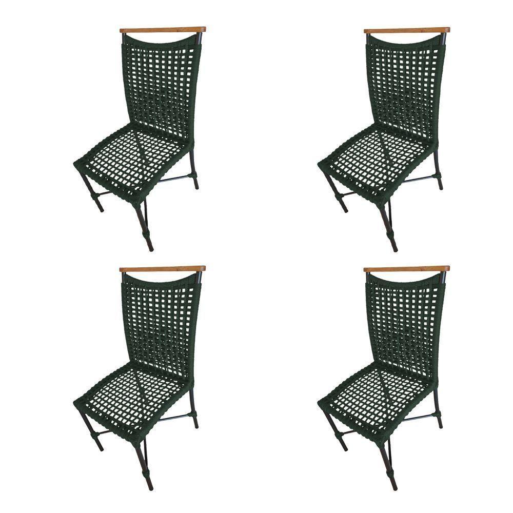 Kit 4 Cadeiras Anne Corda Náutica Detalhe Em Madeira Base Alumínio Preto-verde Musgo - Cor: Verde - 1