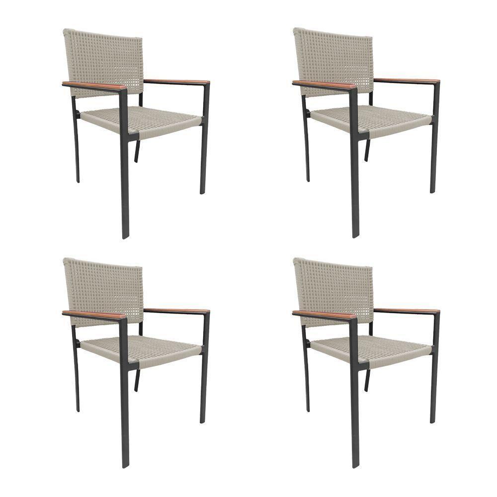 Kit 4 Cadeiras Piracicaba Corda Náutica Braço Com Detalhe Em Madeira Base Alumínio Preto-areia Bege - 1