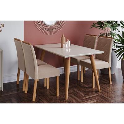 Sala de Jantar Completa Adele c/ Tampo Madeirado 130cm + 4 Cadeiras Fernanda Madeira/Off White Suede/Nude - Cimol