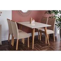 Sala de Jantar Completa Adele c/ Tampo Madeirado 130cm + 4 Cadeiras Fernanda Madeira/Off White Suede/Nude - Cimol - 1