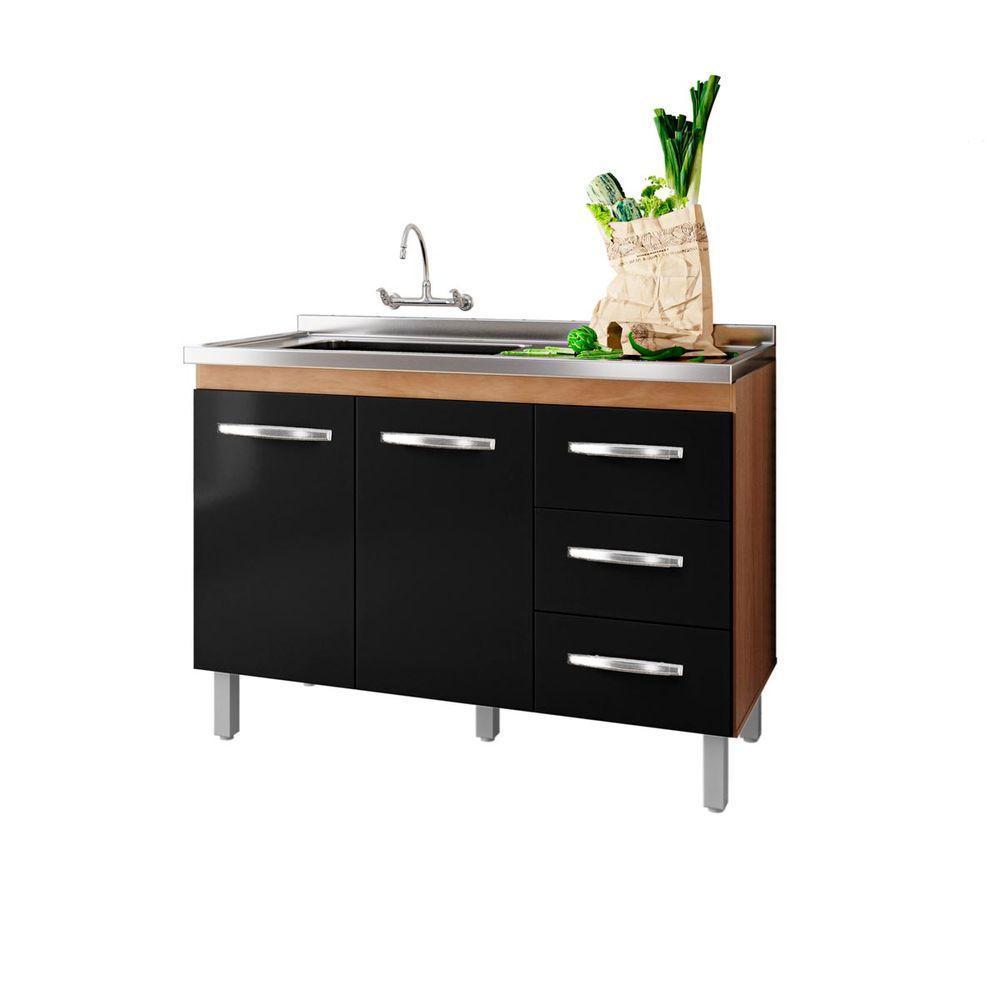 Balcão Para Pia De Cozinha Bianca Com 2 Portas E 3 Gavetas Cor Preta Moblis - 1