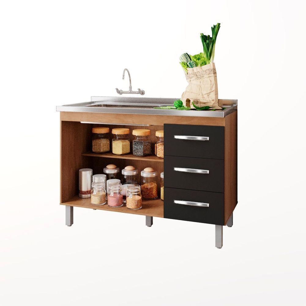 Balcão Para Pia De Cozinha Bianca Com 2 Portas E 3 Gavetas Cor Preta Moblis - 2